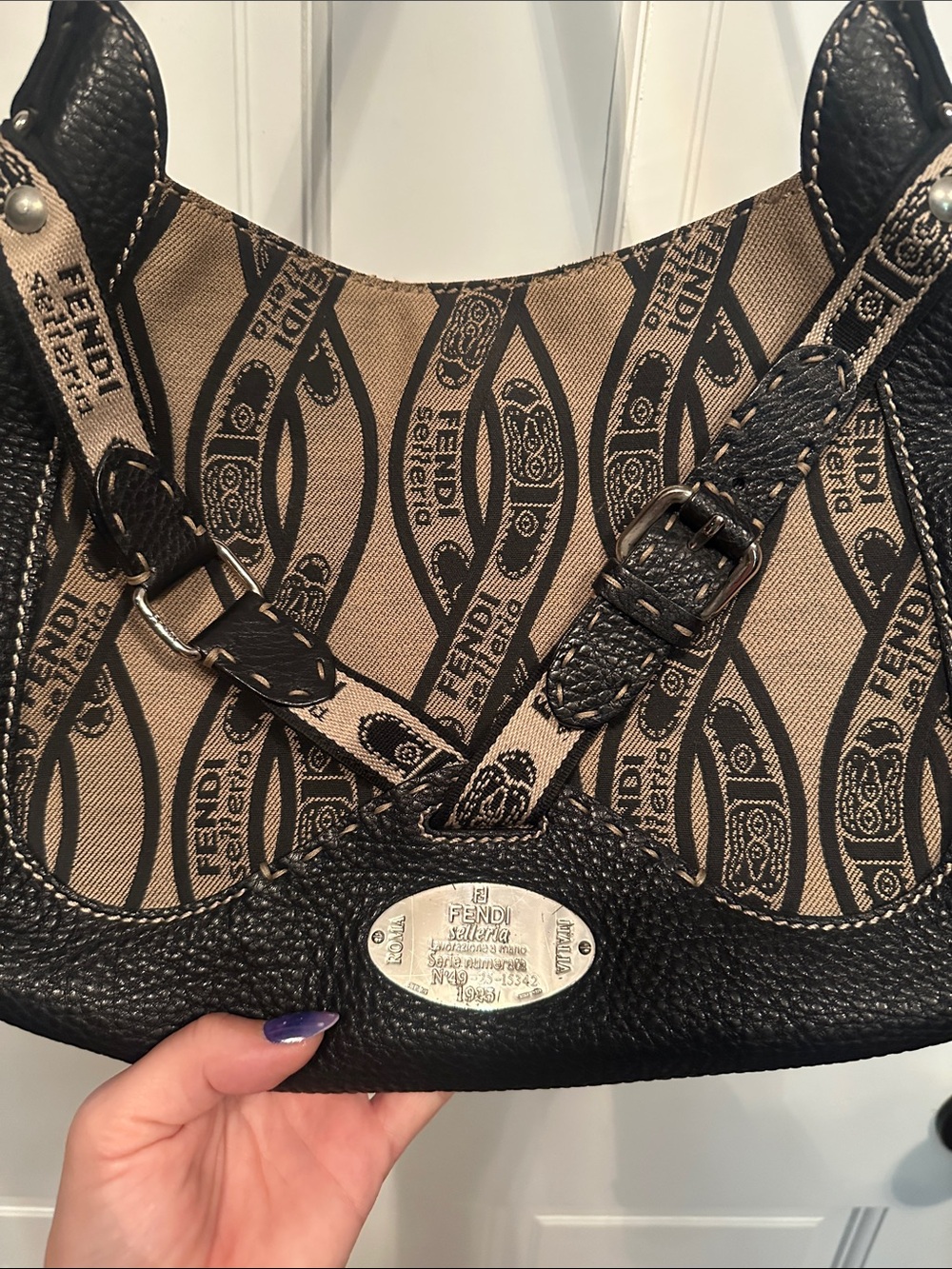 Auth. Fendi black and brown canvas bag with silver hardware with COA - Picture 2 of 16